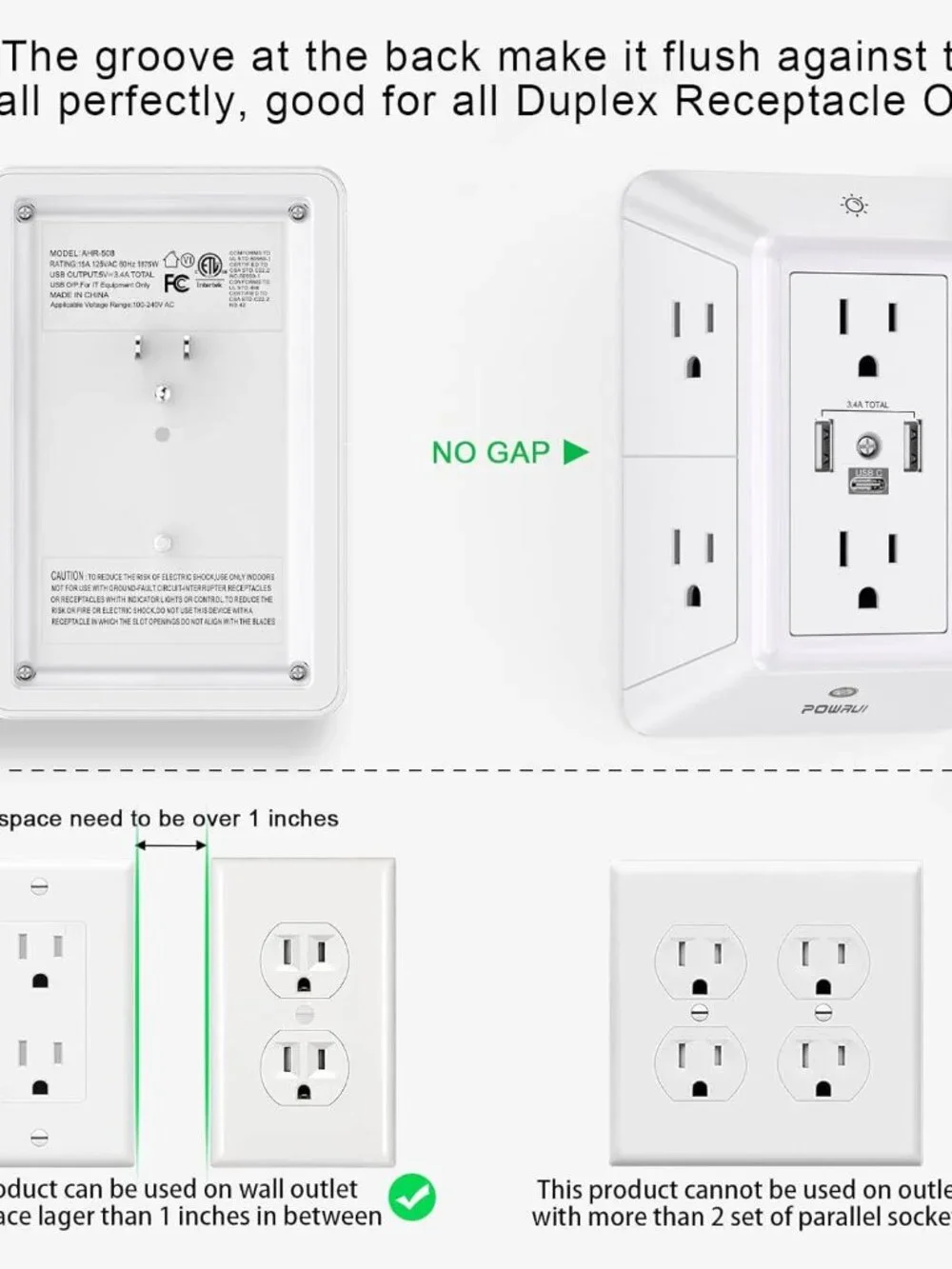 POWRUI Multi‑Plug Outlet (USB + Night Light) - Picture 2 of 3